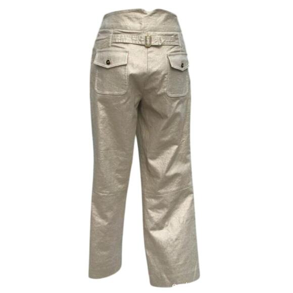 Cache Gold Metallic Linen Stretch Crop Pant Self Belt Back Tab Front NWT $128 - Picture 3 of 4